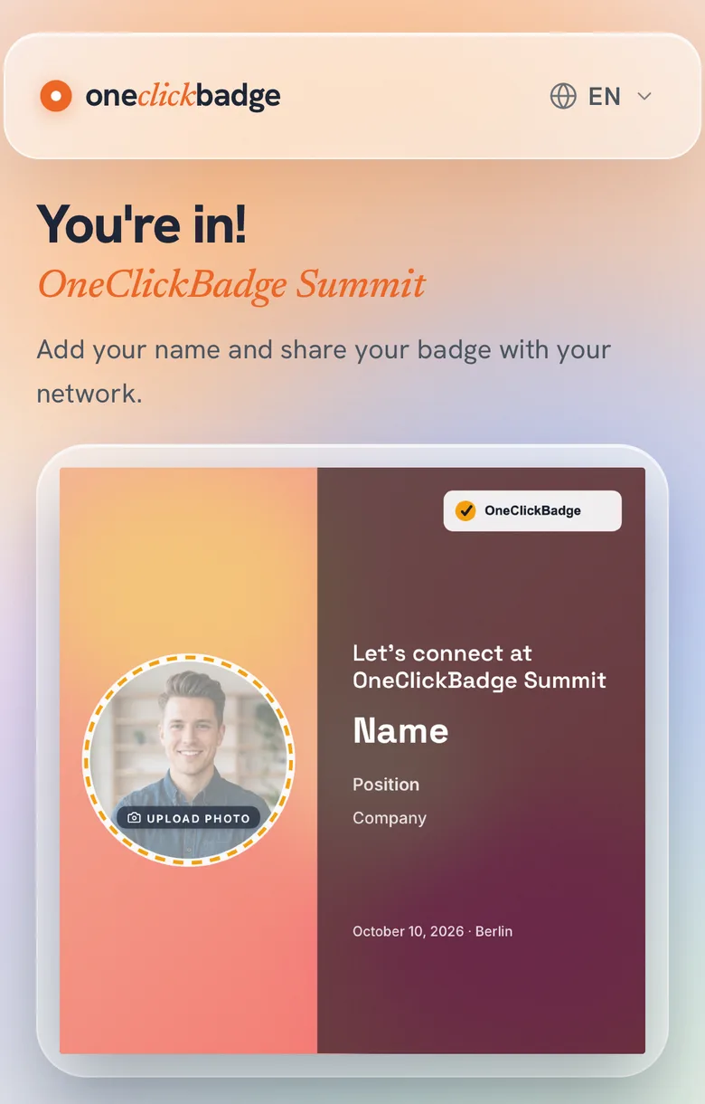 Halaman tamu demo berbahasa Inggris di ponsel dengan judul “You're in!” dan badge dengan foto placeholder