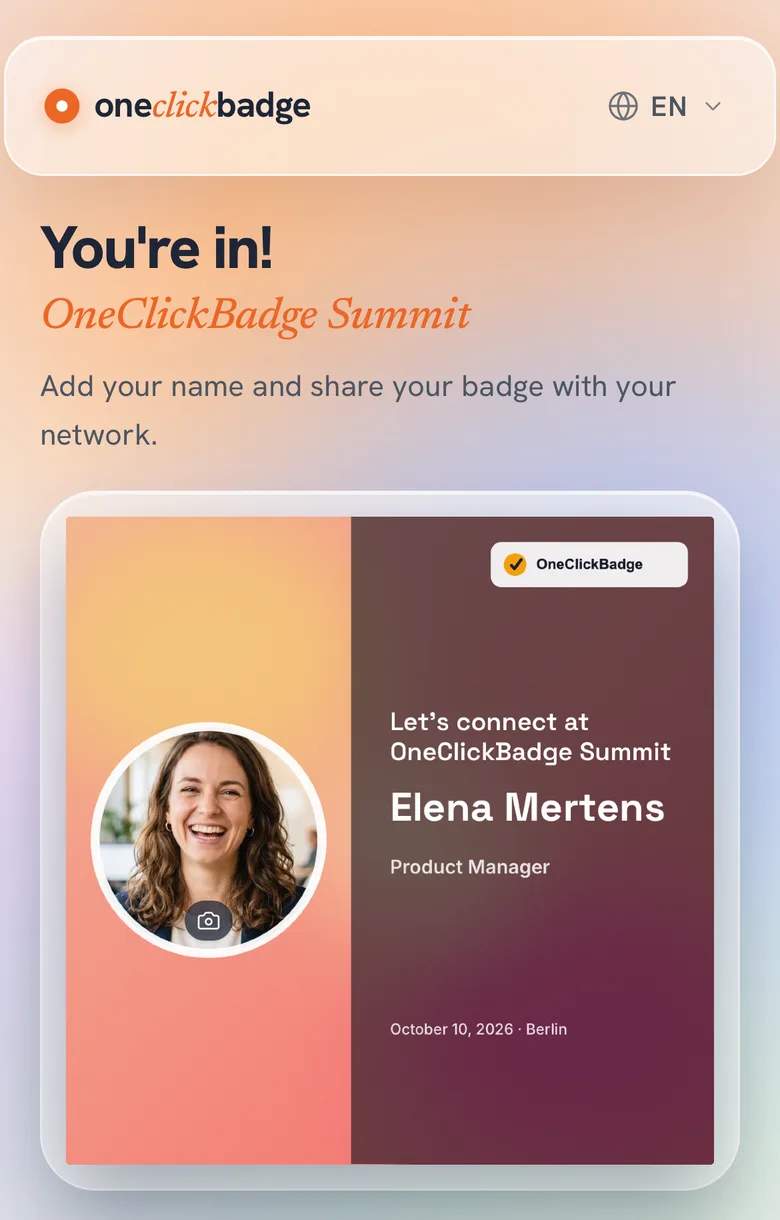 Halaman tamu yang sama setelah diisi: badge dengan foto dan nama Elena Mertens
