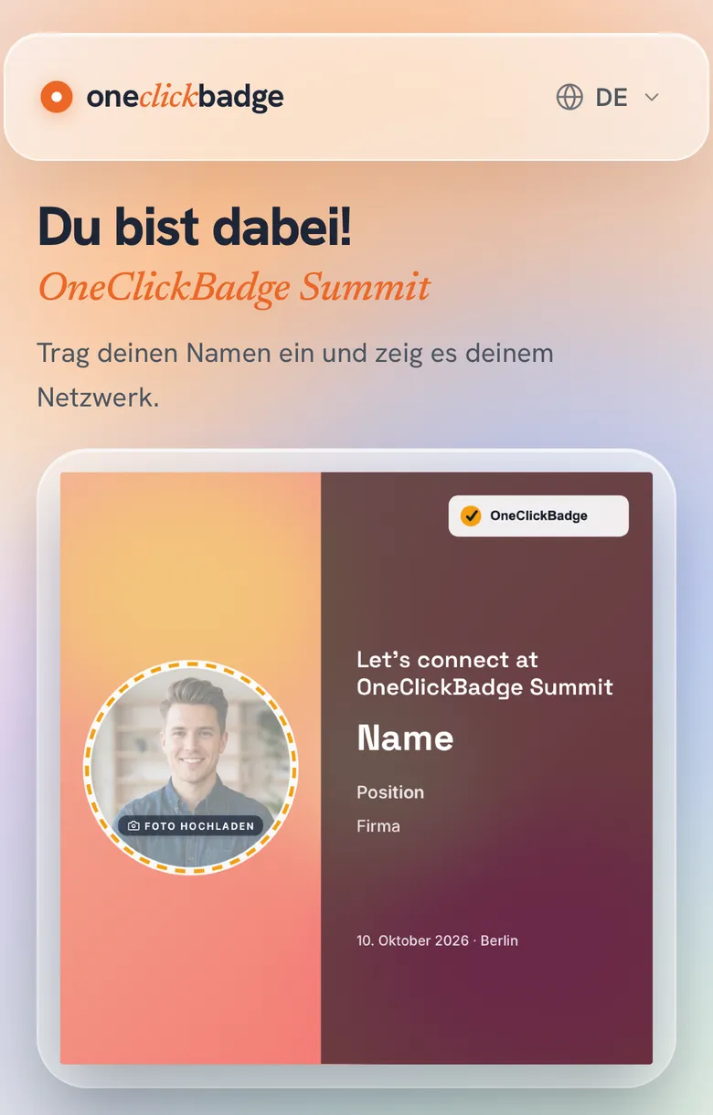Gästeseite der Demo am Telefon mit der Überschrift Du bist dabei und einem Badge mit Platzhalterfoto
