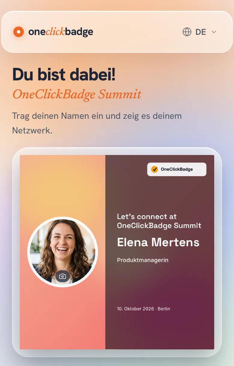 Dieselbe Gästeseite nach dem Eintragen: Badge mit Foto und dem Namen Elena Mertens