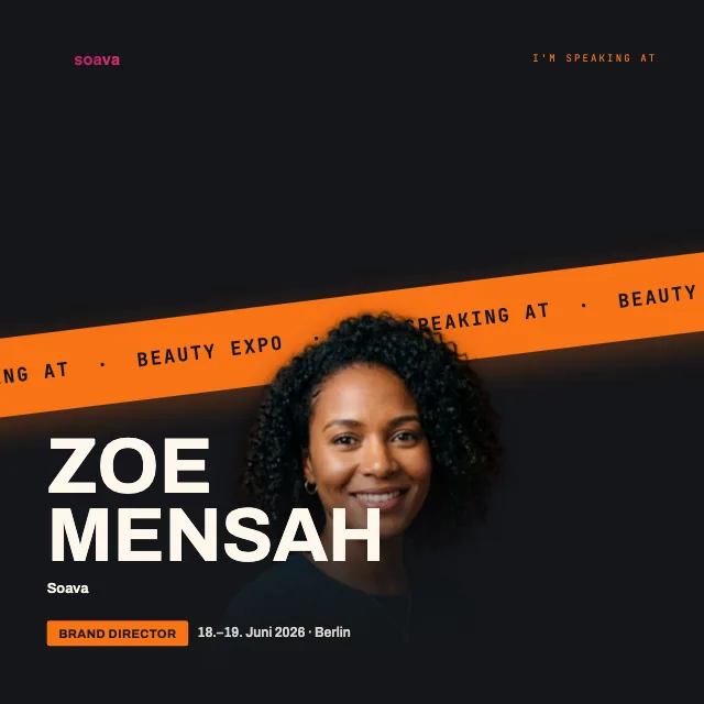 Auffälliges Event-Badge mit diagonalen Bändern zur Beauty Expo