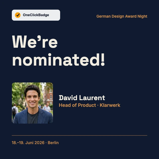 Plakatives Nominierungs-Badge in Navy und Gold zur German Design Award Night