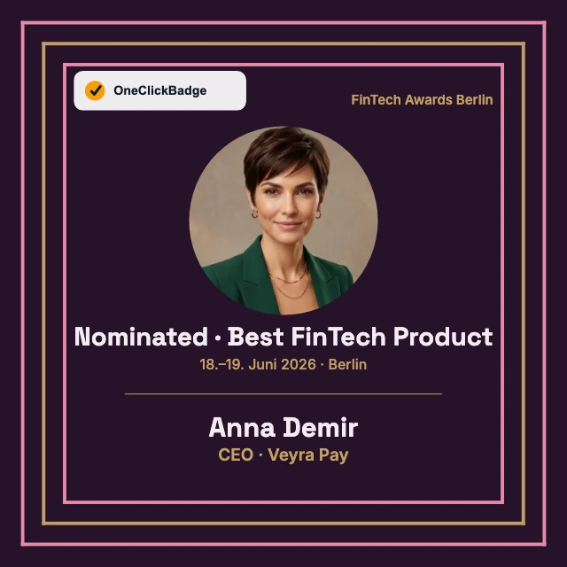 Nominierungs-Badge mit Rahmen und Kategorie Best FinTech Product