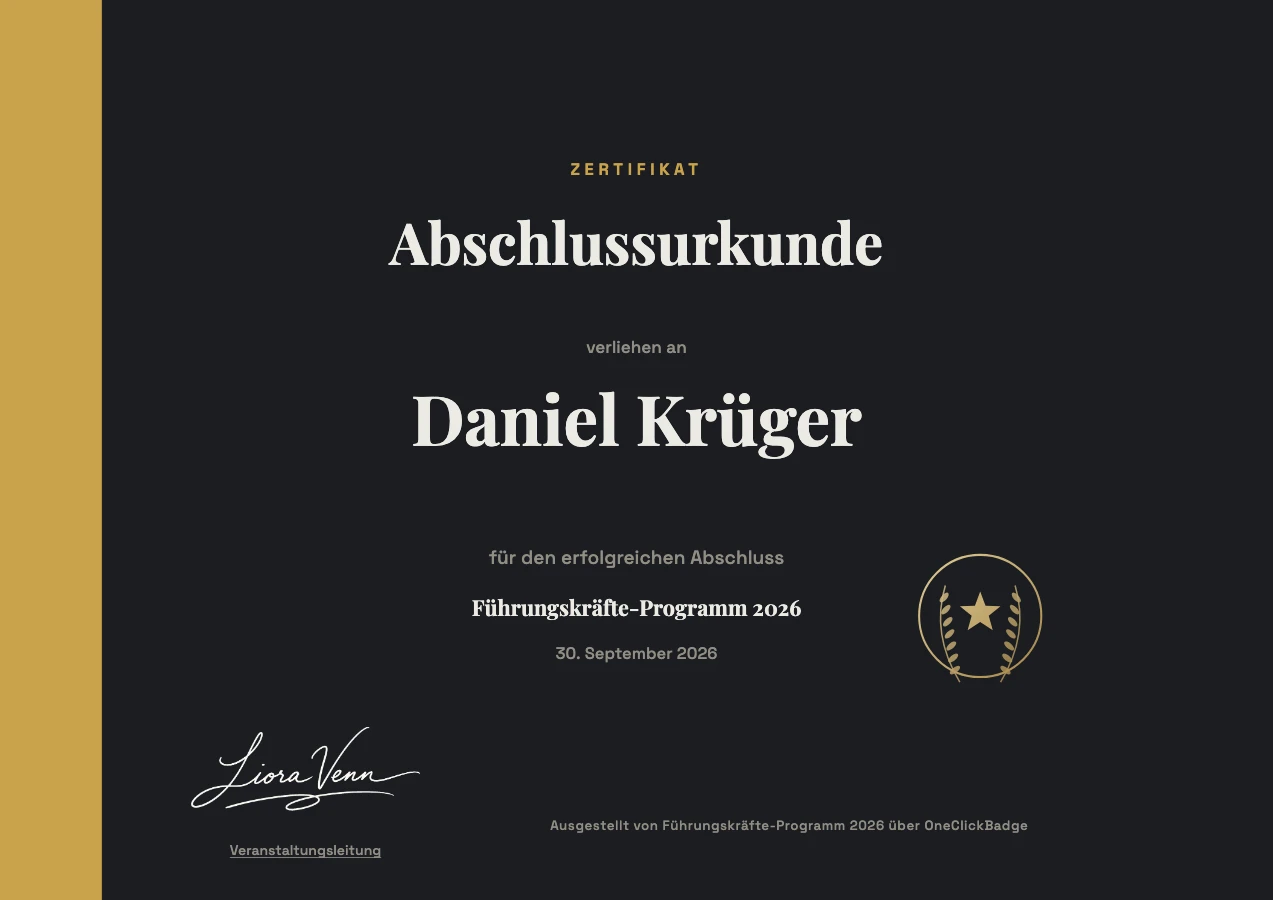 Dunkle Abschlussurkunde mit Goldband für ein Führungskräfte-Programm