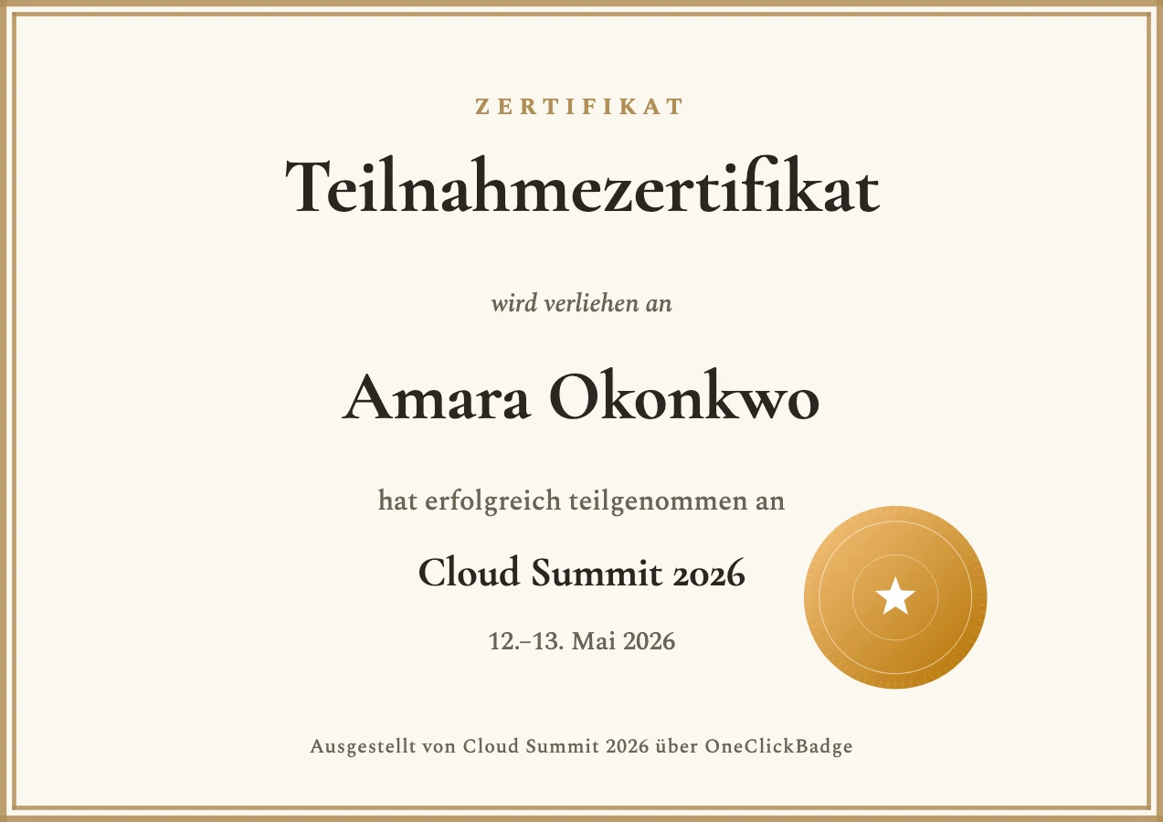 Klassische Zertifikat-Vorlage mit Goldrahmen und Siegel zum Cloud Summit 2026