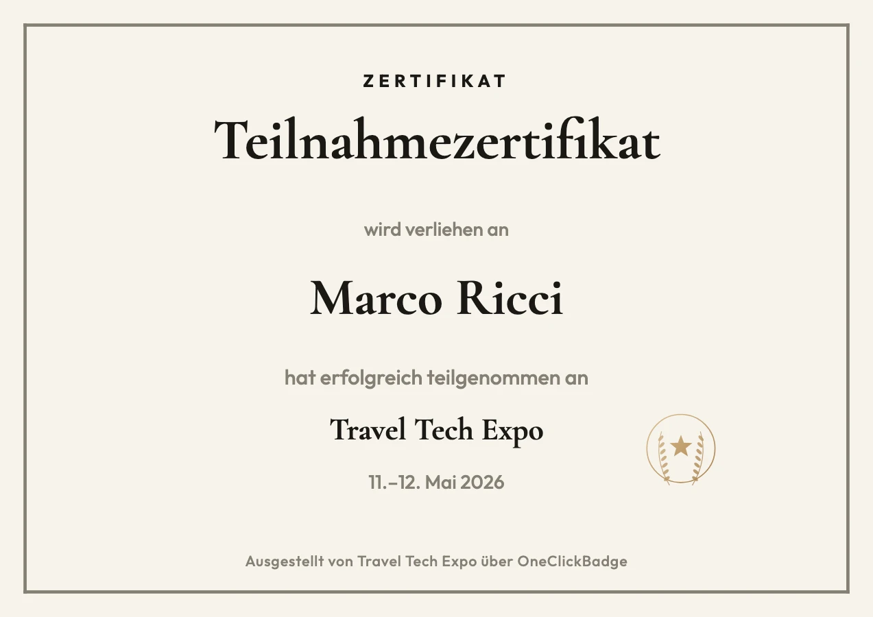 Zertifikat-Vorlage im Magazin-Stil zur Travel Tech Expo