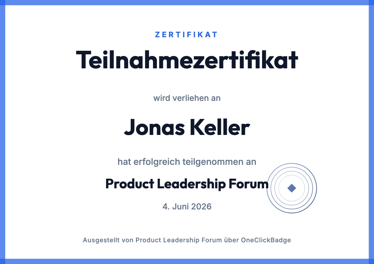 Moderne Zertifikat-Vorlage mit blauem Rahmen zum Product Leadership Forum