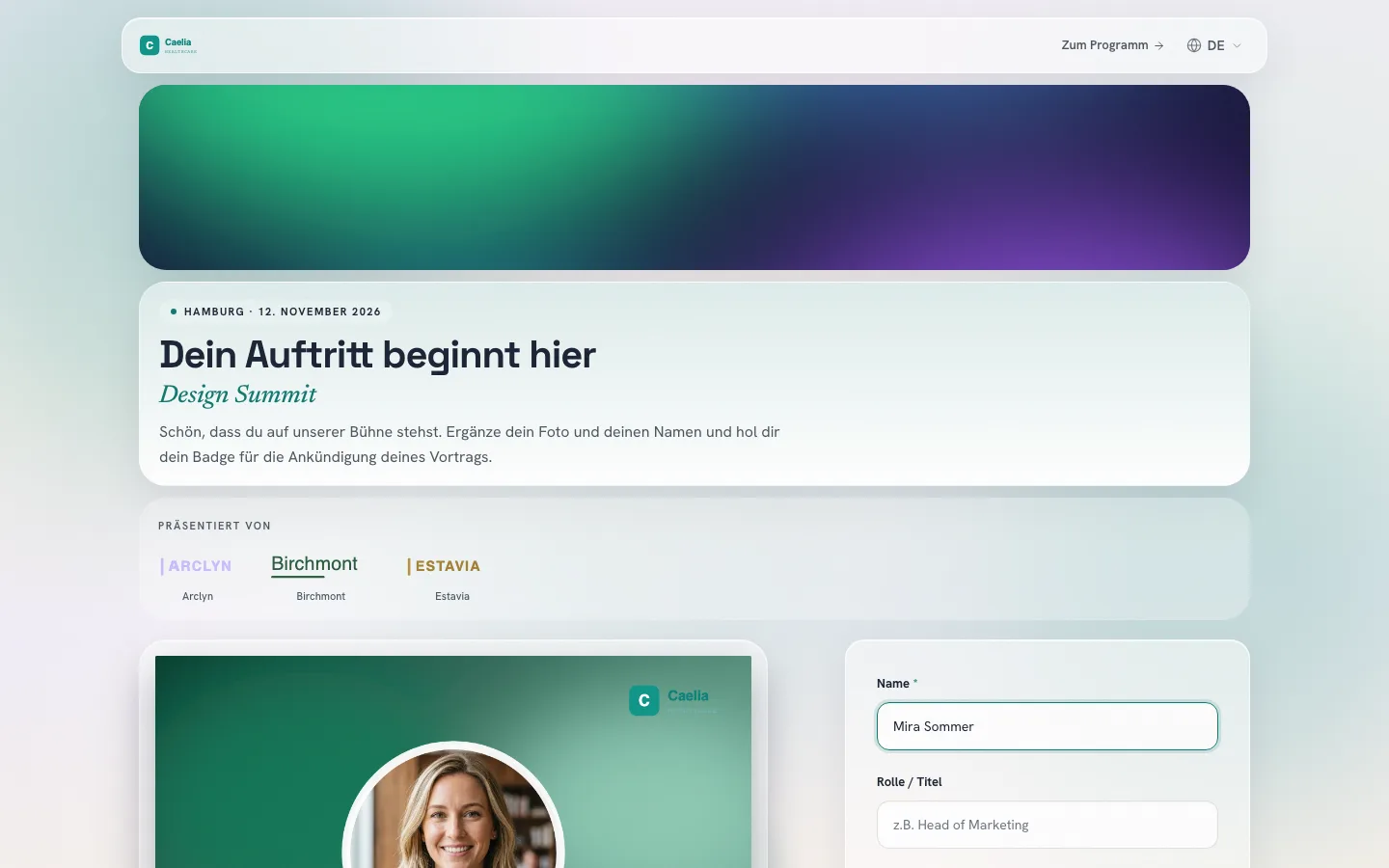 Empfänger-Seite des Beispiel-Events am Rechner mit Titelbild, eigenem Logo, Begrüßung, Knopf zum Programm und Partnerlogos