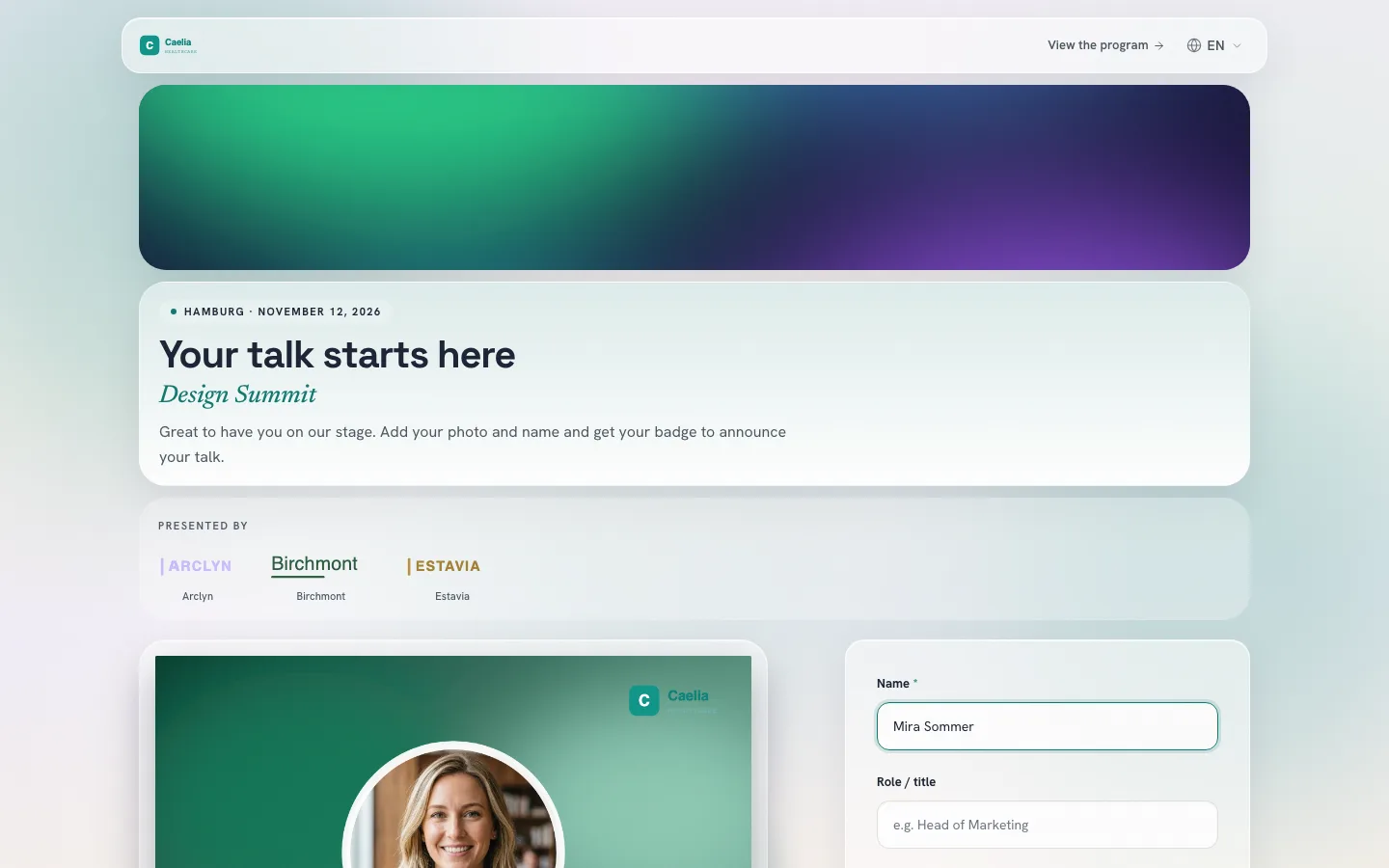 Modtagerside for eksempeleventet på computeren med titelbillede, eget logo, velkomst, knap til programmet og partnerlogoer