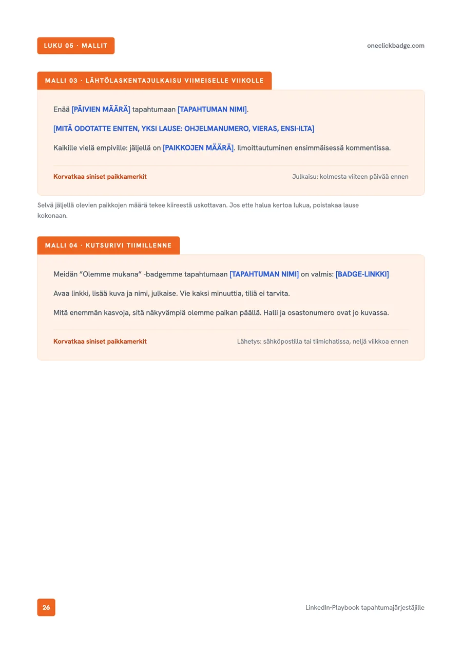 Sisäsivu Playbookista: valmiit pohjat countdown- ja kutsupostauksiin