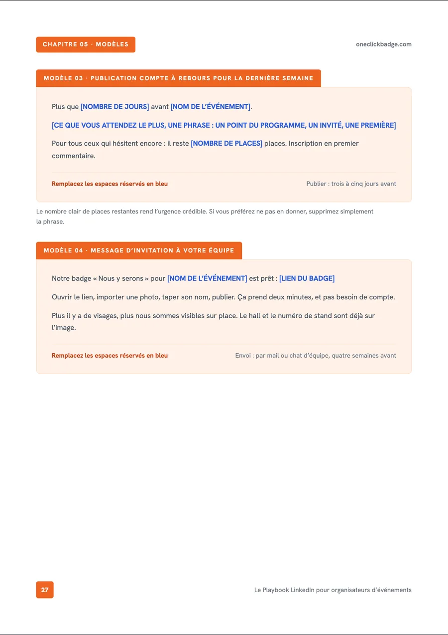Page intérieure du playbook : des modèles prêts à l’emploi pour les posts de compte à rebours et d’invitation
