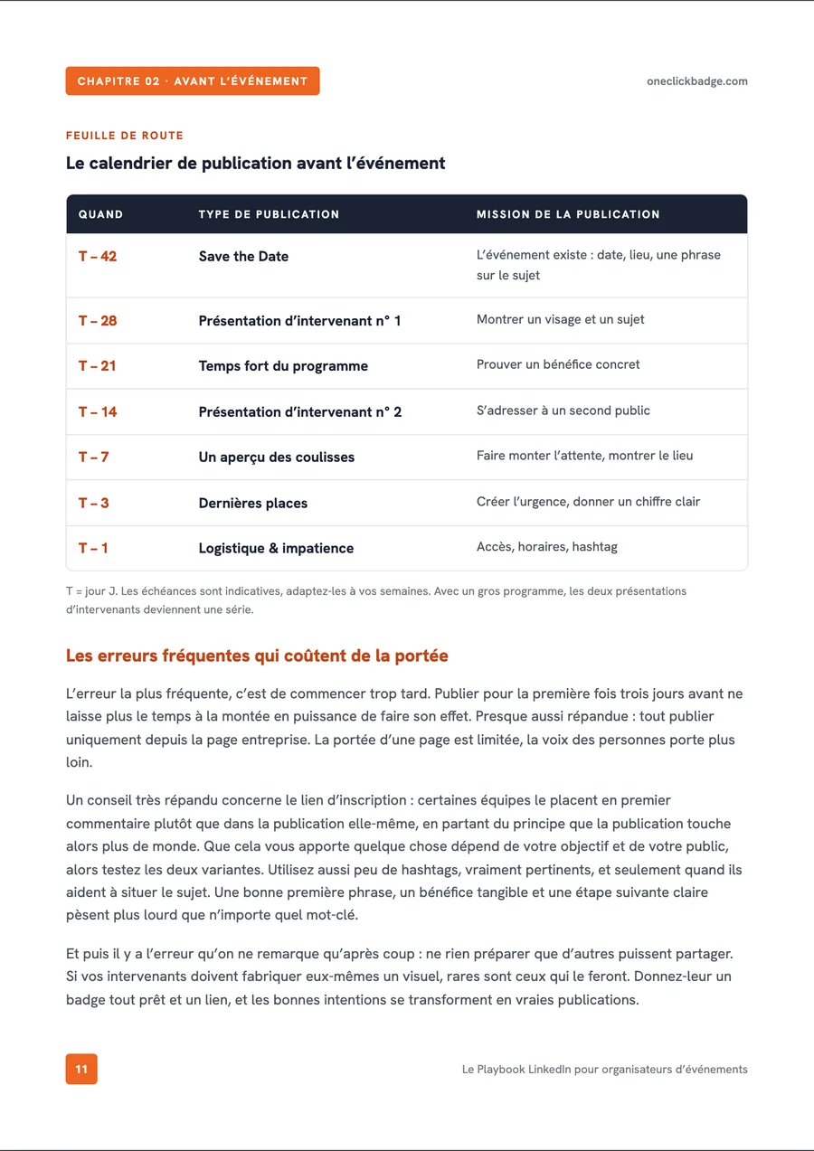 Page intérieure du playbook : le calendrier de publication avant l’événement, sous forme de tableau